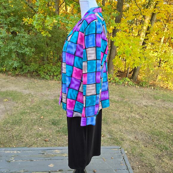 VTG Notations Blouse Shacket Multicolored Liquid Checkered Button Front Size Lrg - Picture 4 of 15